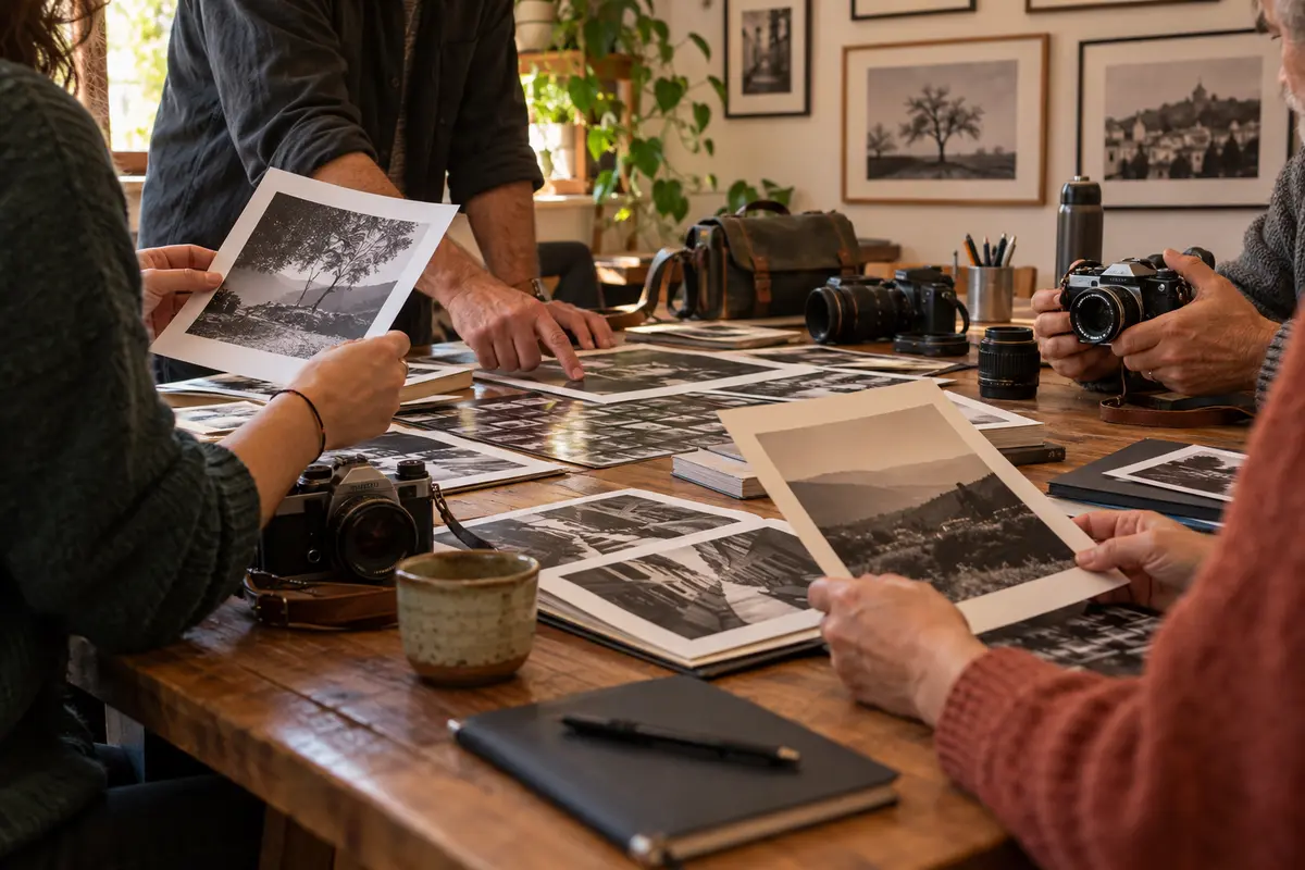 Taller compartit del Club Fotogràfic Torrellenc amb càmeres i còpies fotogràfiques