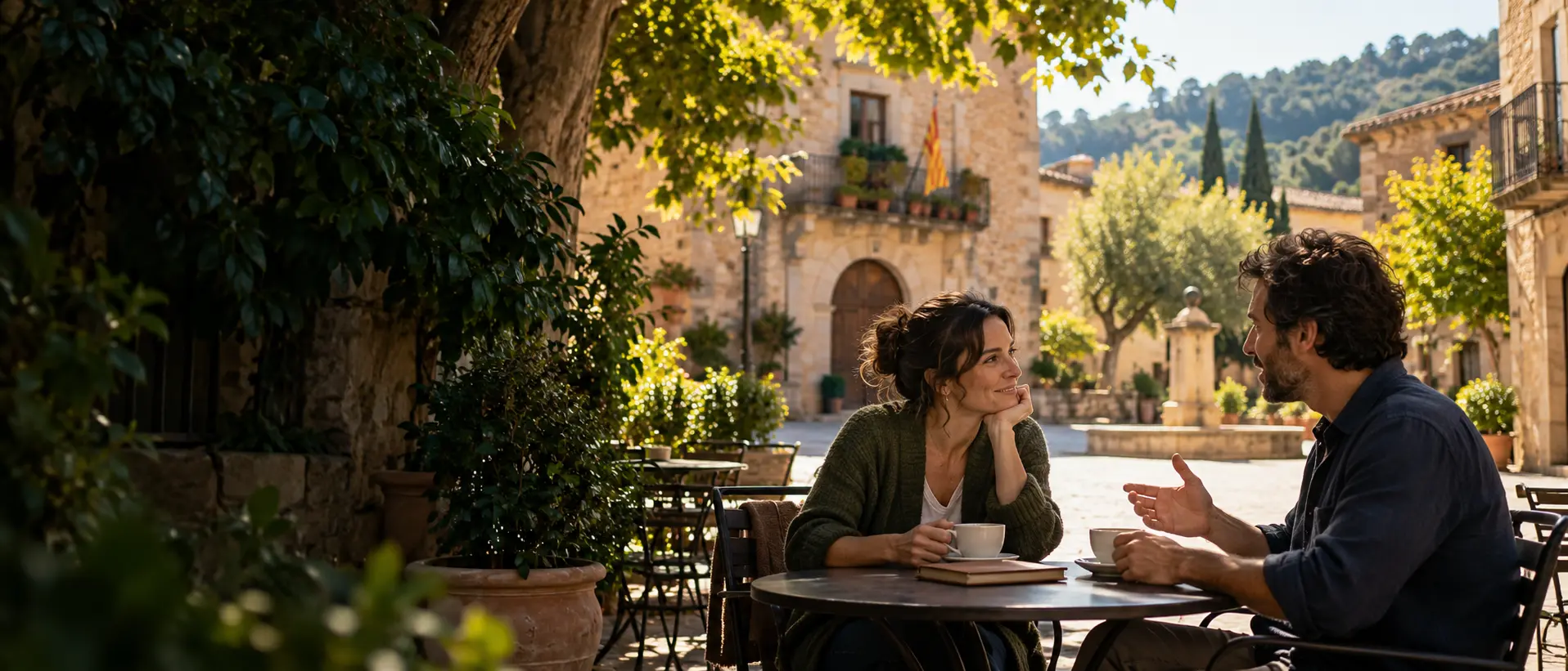 Dues persones conversen en una plaça de poble