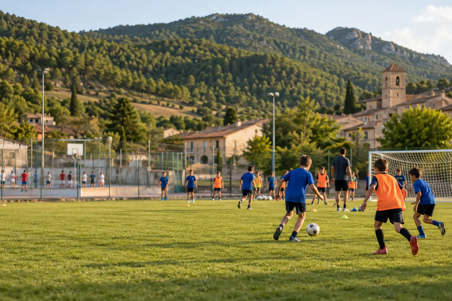 Infants jugant a futbol en un camp de poble