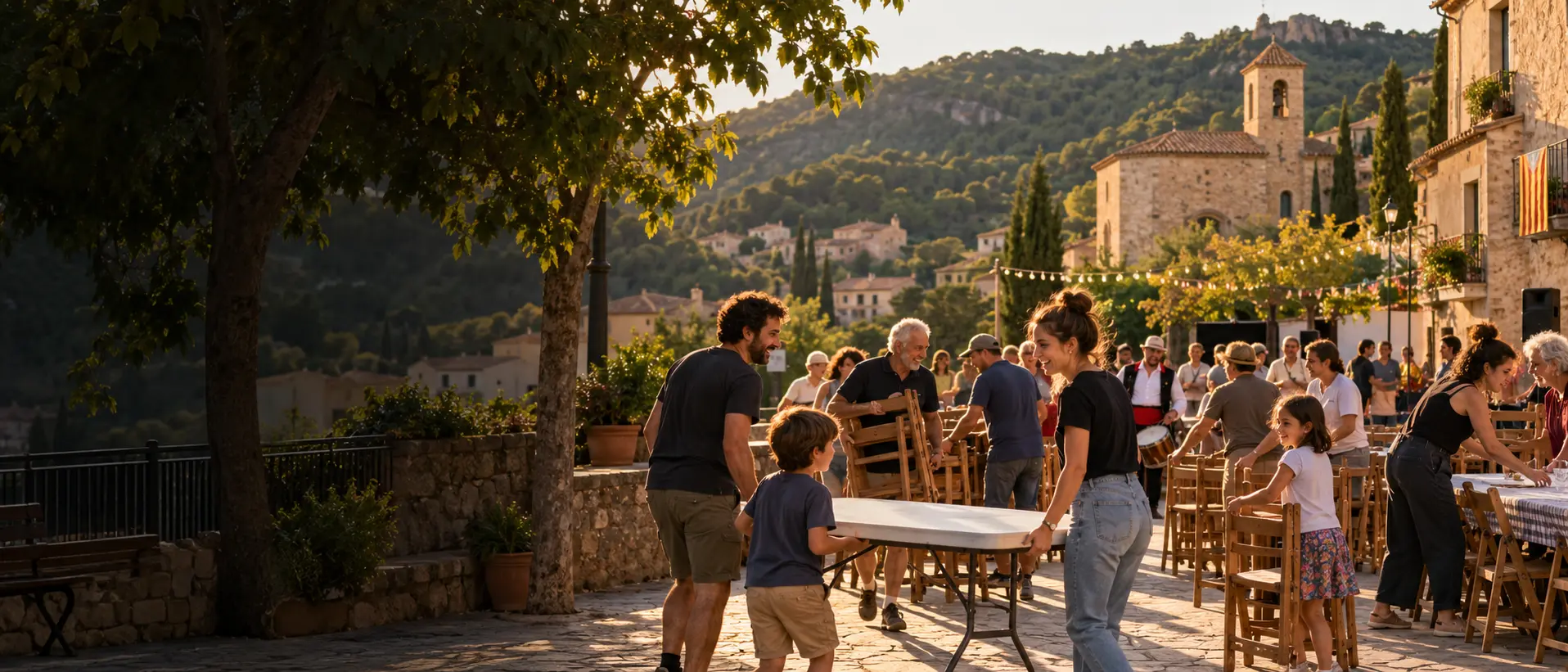 Veïns i voluntaris preparen plegats una trobada a la plaça del poble
