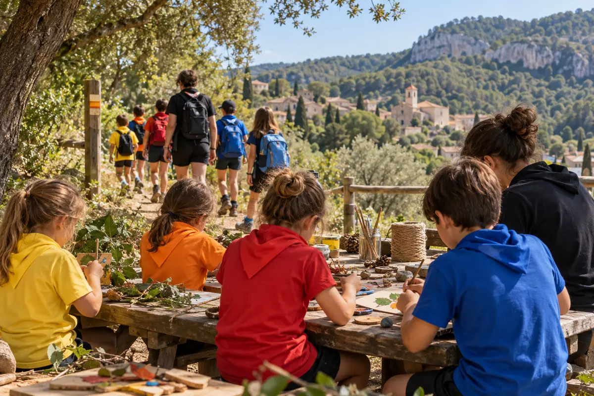 Activitat de l'Esplai Arc de Sant Martí amb excursió i manualitats en grups de colors