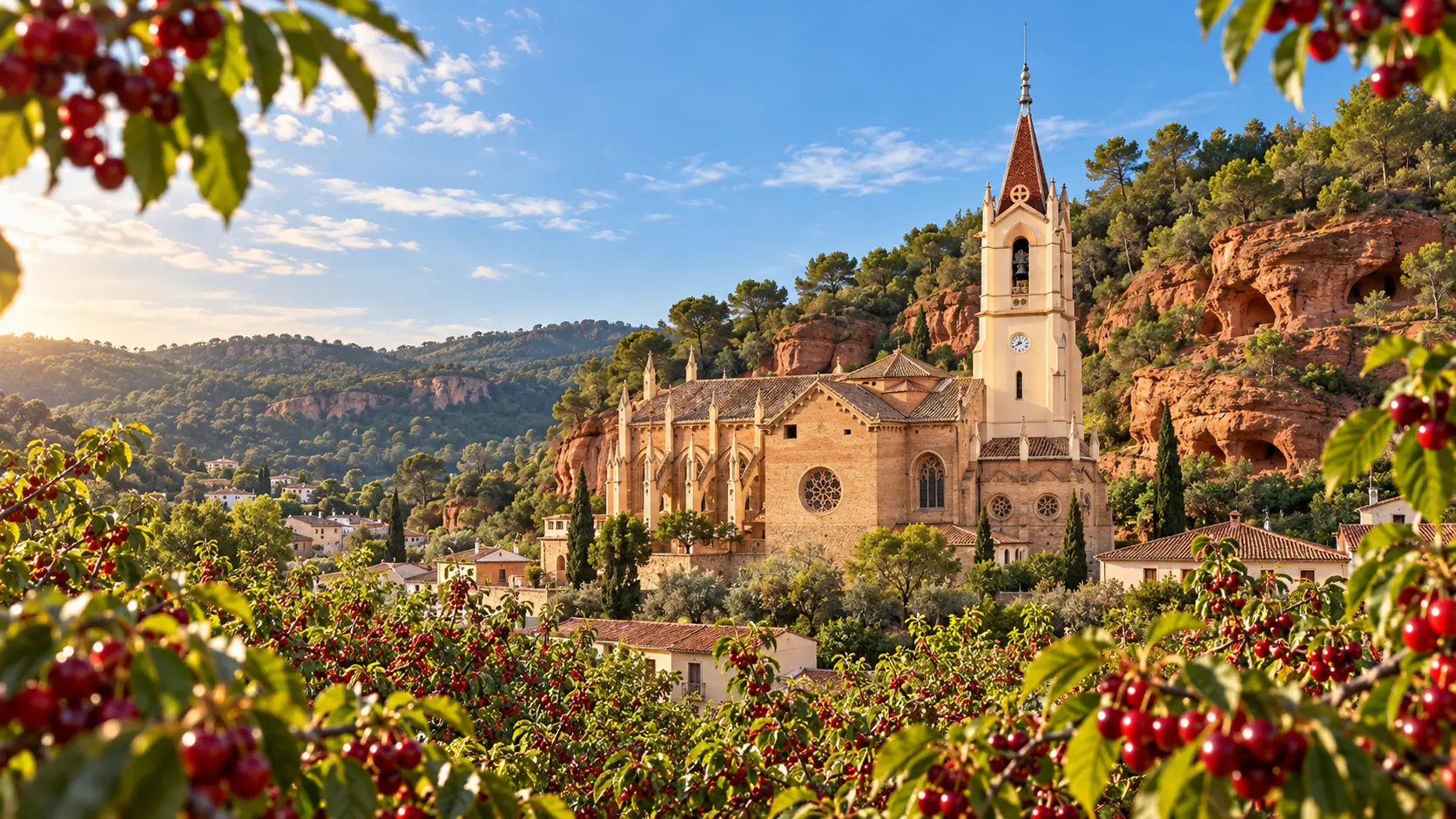 Església de Sant Martí de Torrelles de Llobregat envoltada de formacions rocoses vermelles de Can Riera i cirerers