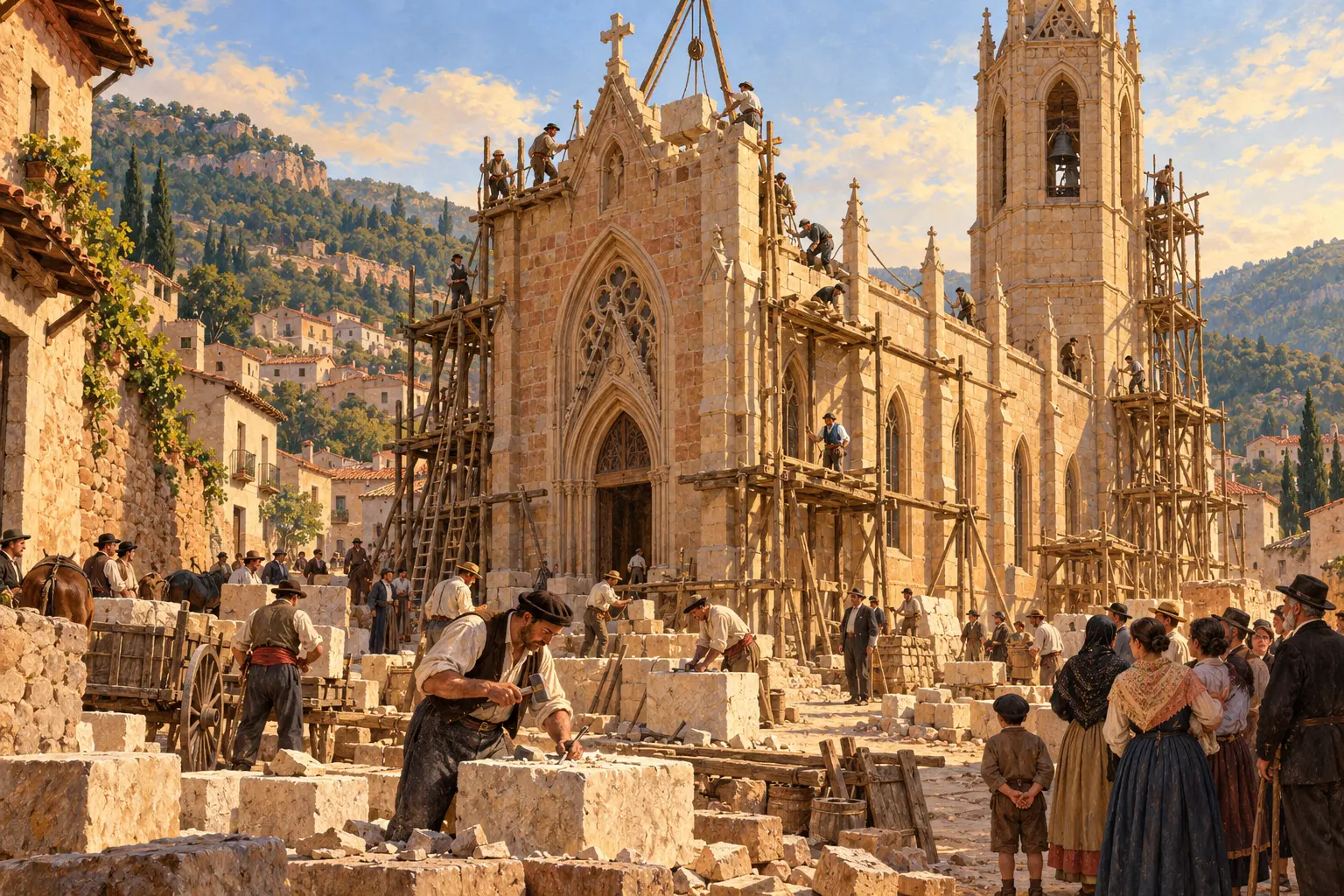 Recreació artística de la construcció de l'església de Sant Martí a finals del segle XIX
