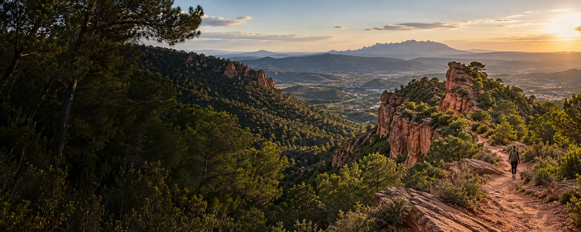 Una persona recorre un sender entre les pinedes i les roques rogenques de Torrelles, amb la vall al fons