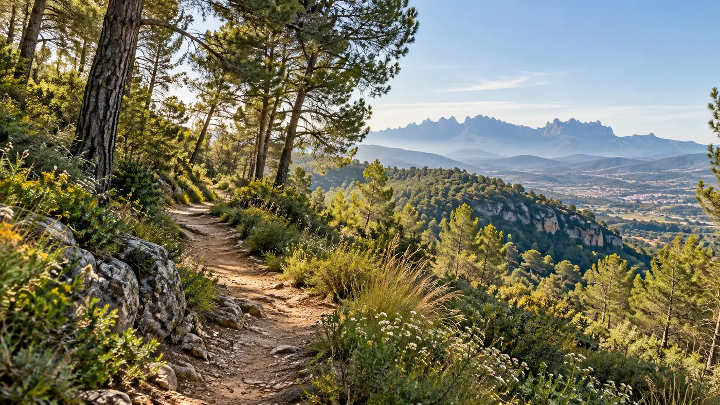 Camí entre pins amb vistes al massís